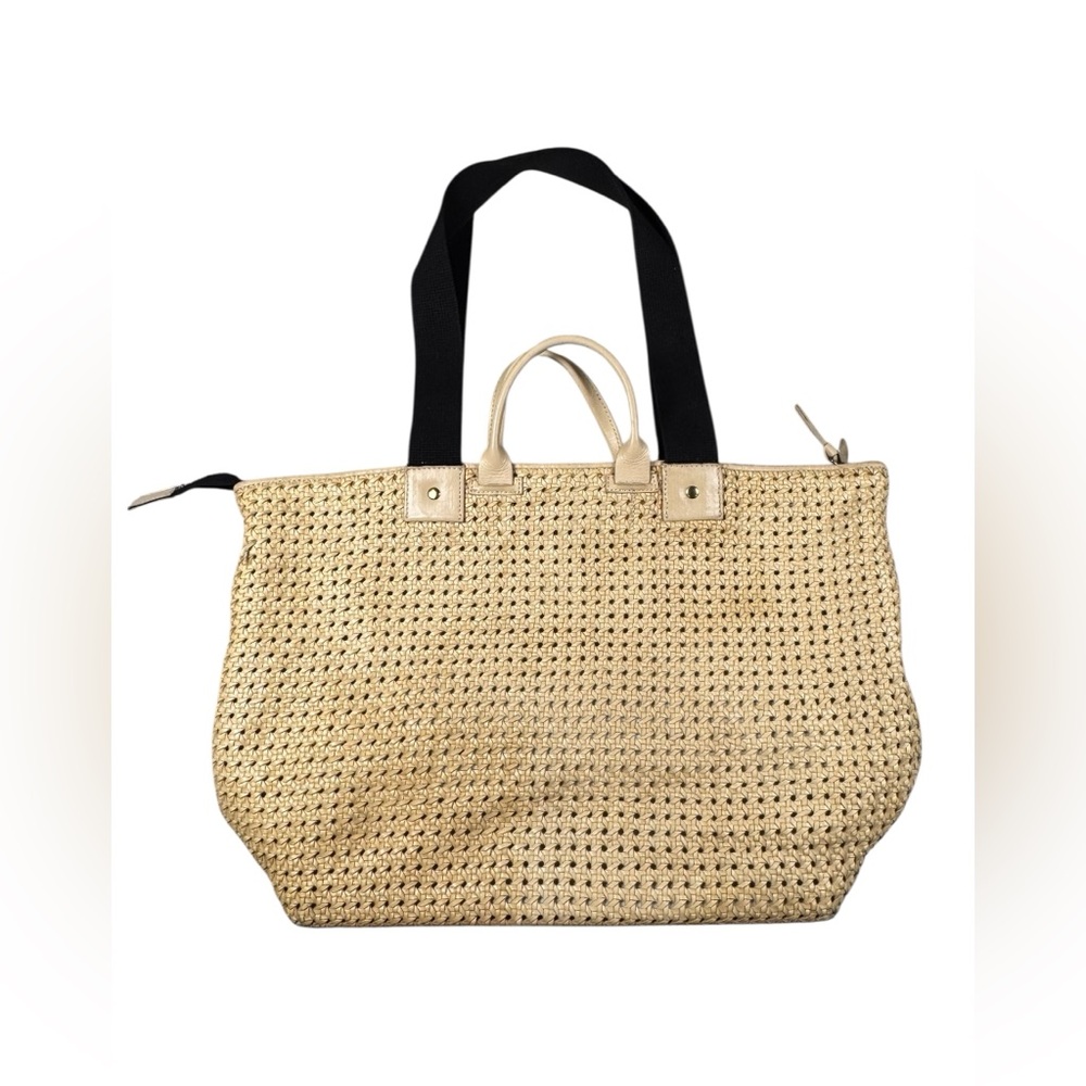 CLARE V. Le Zip Sac Tote Bag Cream Rattan Leather + Leather Handle & Black Strap